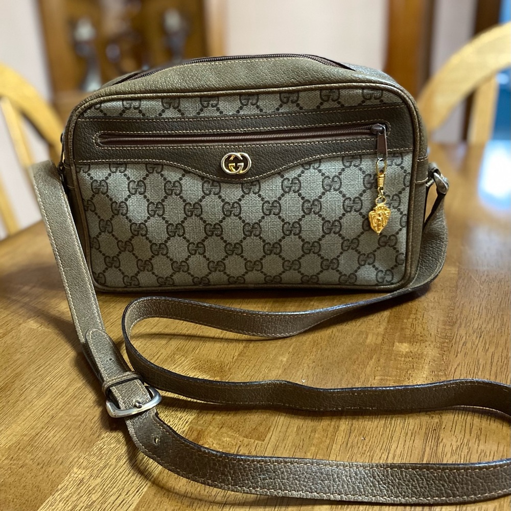 Vintage Gucci signature Leather and vinyl crossbody zip top handbag tan